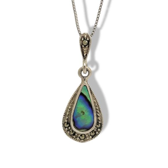 Tear Drop Abalone Shell Bezel Set Marcasite Accents 925 Danecraft Silver Pendant - Picture 1 of 4